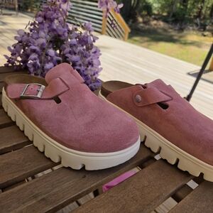 Papillio Pink Suede Slip-On Clog with Buckle
